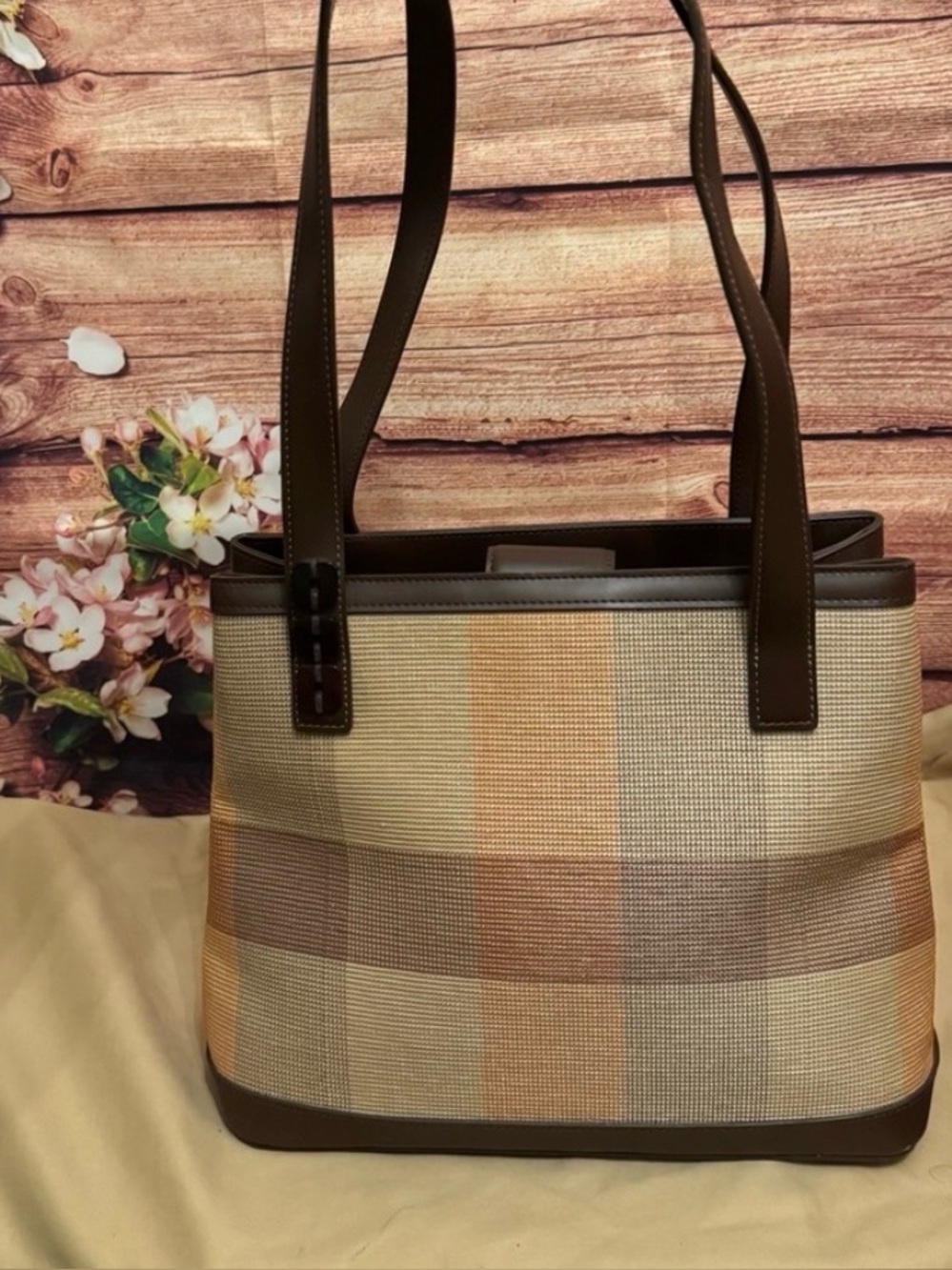 Nine West Plaid Tote Bag Brown Tan Shoulder Bag Large Work Tote
